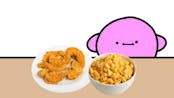 kirby enjoys macaroni with the chicken strips
