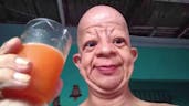 Bald guy drinks orange juice