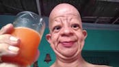 Bald guy drinks orange juice