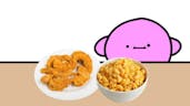 kirby enjoys macaroni with the chicken strips